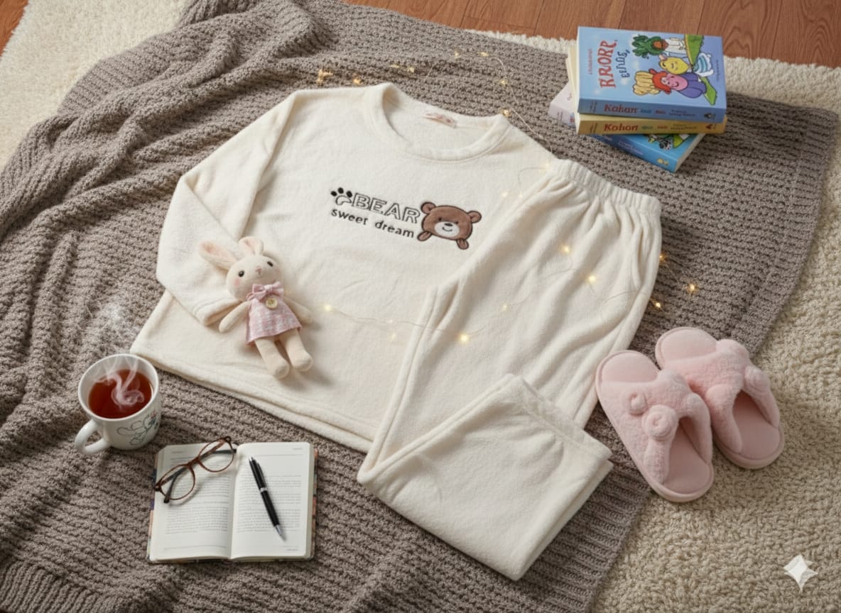 Women's Ultra-Soft Flannel Pajama Set – Cute Bear Graphic Long Sleeve Top & Matching Pants – Warm Winter Loungewear Sleepwear Set