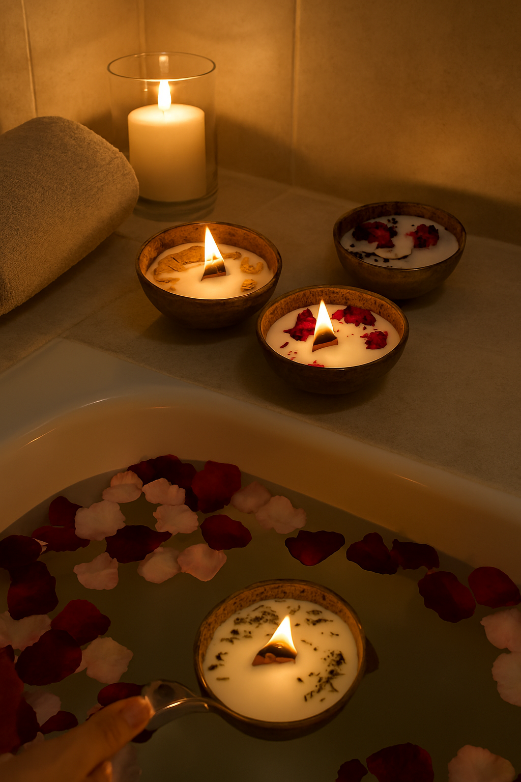 Handmade Coconut Shell Scented Candles with Wooden Wick – Natural Soy Wax Aromatherapy Candles with Dried,Lavender, Rose & Orange – Eco‑Friendly Decorative for Home, Spa & Relaxation.
