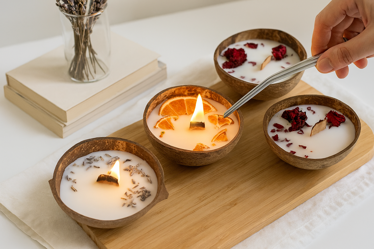 Handmade Coconut Shell Scented Candles with Wooden Wick – Natural Soy Wax Aromatherapy Candles with Dried,Lavender, Rose & Orange – Eco‑Friendly Decorative for Home, Spa & Relaxation.
