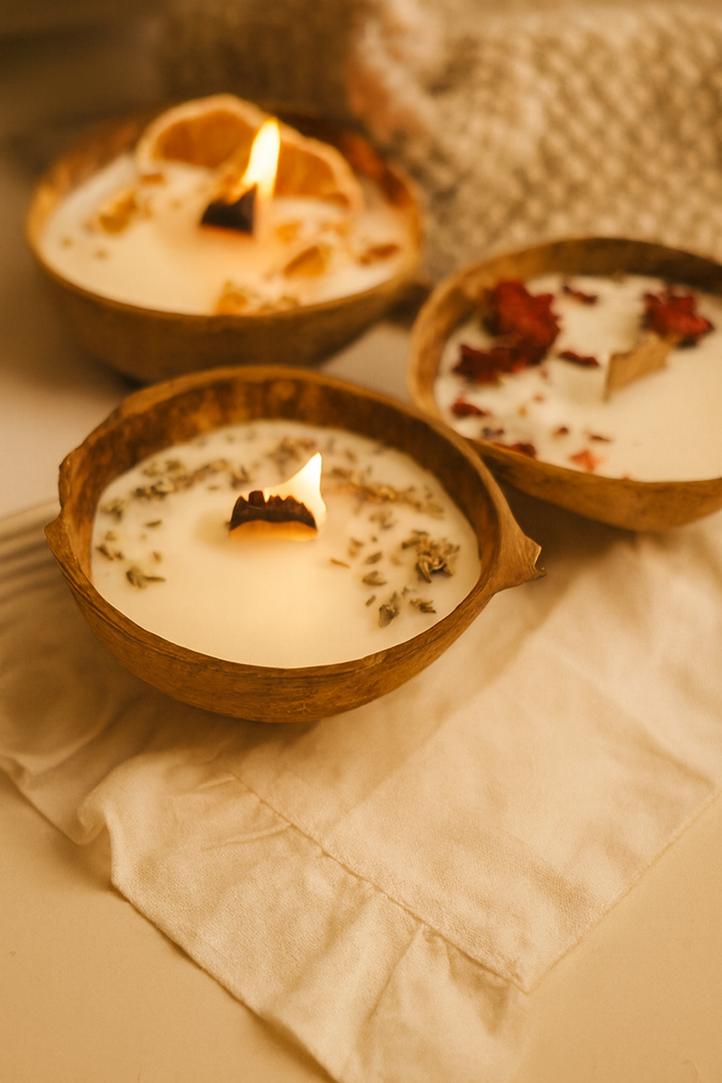 Handmade Coconut Shell Scented Candles with Wooden Wick – Natural Soy Wax Aromatherapy Candles with Dried,Lavender, Rose & Orange – Eco‑Friendly Decorative for Home, Spa & Relaxation.
